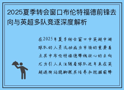 2025夏季转会窗口布伦特福德前锋去向与英超多队竞逐深度解析 2025夏季转会窗口布伦特福德前锋去向与英超多队竞逐深度解析